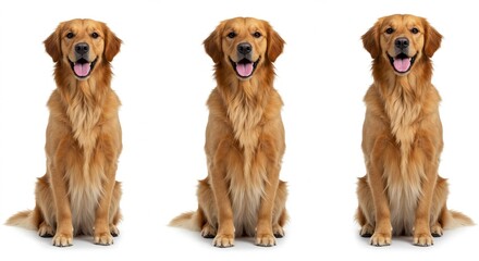 Three Happy Golden Retrievers Sitting Studio Shot Pets Dogs