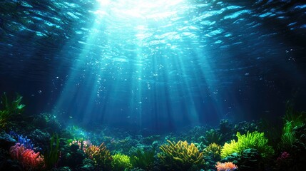 Obraz premium Vibrant Underwater Scene with Colorful Coral and Sunlight Rays
