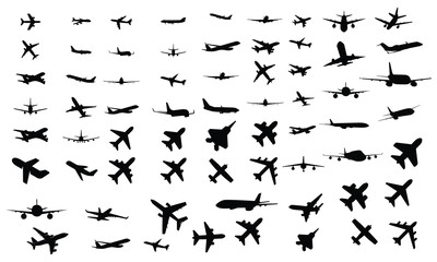 Vector Set of Different Kind of Airplanes Silhouettes in flight takeoff running