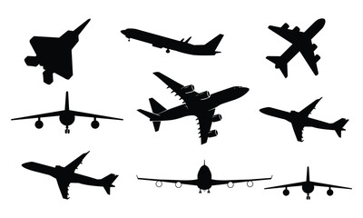 Vector Set of Different Kind of Airplanes Silhouettes in flight takeoff running