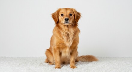 Adorable Golden Dog Puppy Sitting on White Fur Studio Shot
