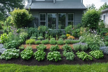 Naklejka premium Vibrant Flower Garden in Front of a Gray House