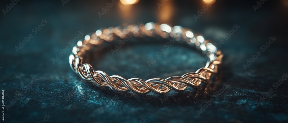Poster elegant gold bracelet with twisted design on dark textured surface with soft bokeh lights