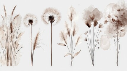Soft Brown Floral Illustrations with Dandelions and Grasses