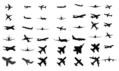 Vector Set of Different Kind of Airplanes Silhouettes in flight takeoff running