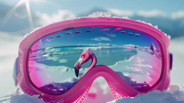 Pink ski goggles with flamingo reflections on the snow, a great addition to travel and adventure blogs.