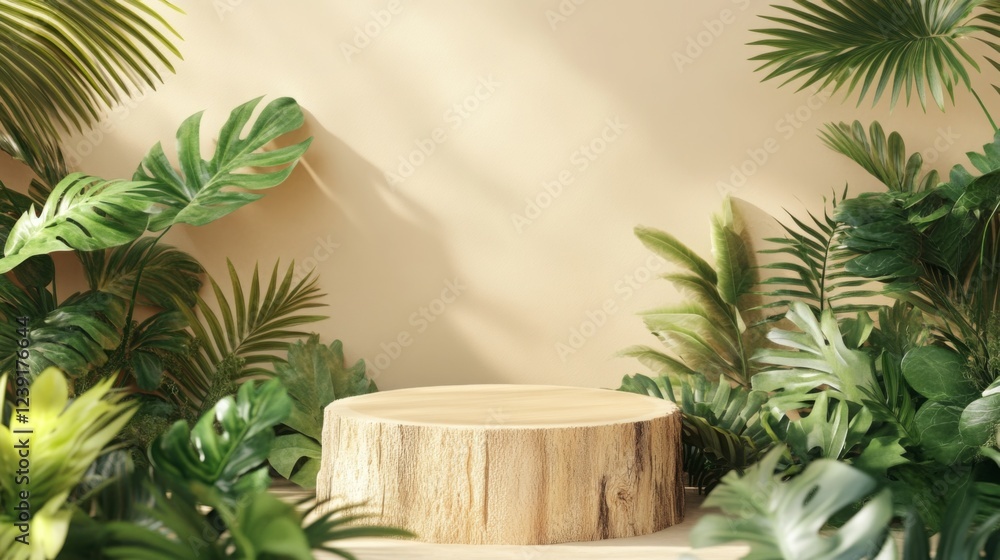 Aufkleber a wooden podium stands ready for presentations amid vibrant green plants. illuminated by soft spring