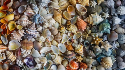 A collection of colourful sea shells and stars in the sand. Great for summer postcard design, nautical style interior decoration, creating themed posters.