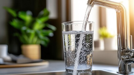Water pouring into a glass in a kitchen