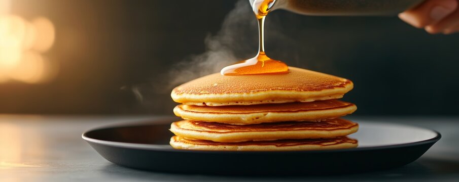 Hand pouring warm pancake batter onto a hot griddle in a cozy kitchen during breakfast preparation