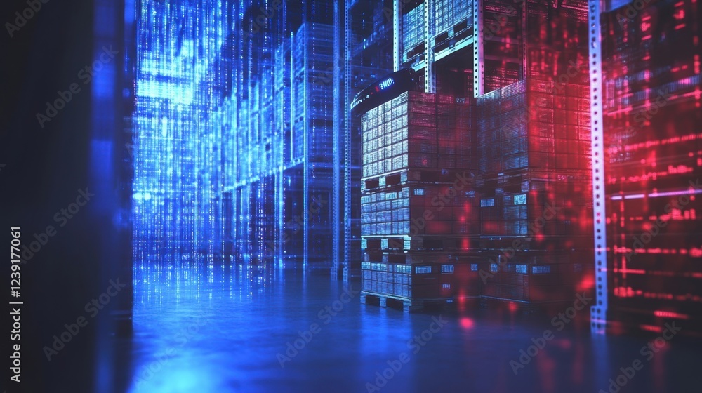 Poster innovative warehouse management system using cutting edge technology, optimizing logistics and strea