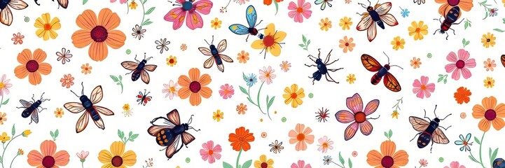 Fototapeta premium A Delicate Dance of Insects and Flowers on a Pastel Canvas