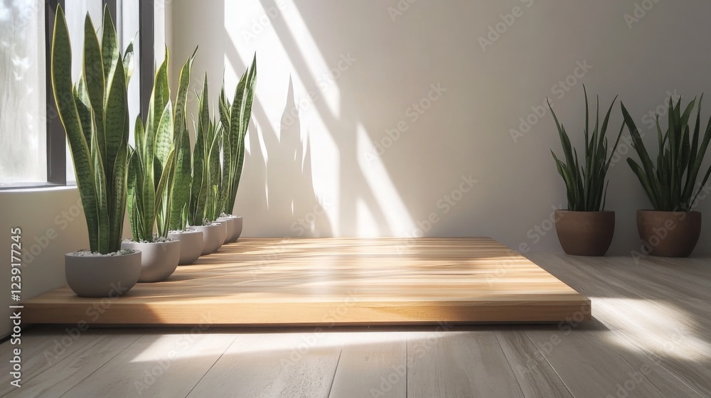 Aufkleber a wooden podium is illuminated by natural sunlight streaming through large windows, creating a warm 