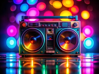 Retro Neon Tape Recorder with Glowing Controls - Vintage Music Technology Stock Photo