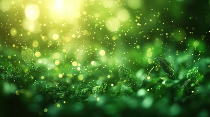 A soft, blurred background featuring gradients of green hues with light spots creating a bokeh effect,