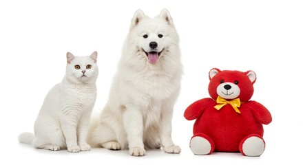 Adorable White Cat Samoyed Dog Red Teddy Bear