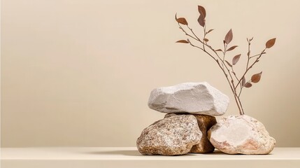 Minimalist arrangement of rocks and branch decor.