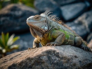 Obraz premium Close Up Portrait of Green Iguana Resting on Rocks in Tropical Habitat