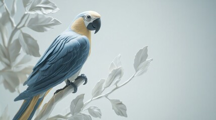 Fototapeta premium Blue parrot on white branch, studio shot, calm background, home decor