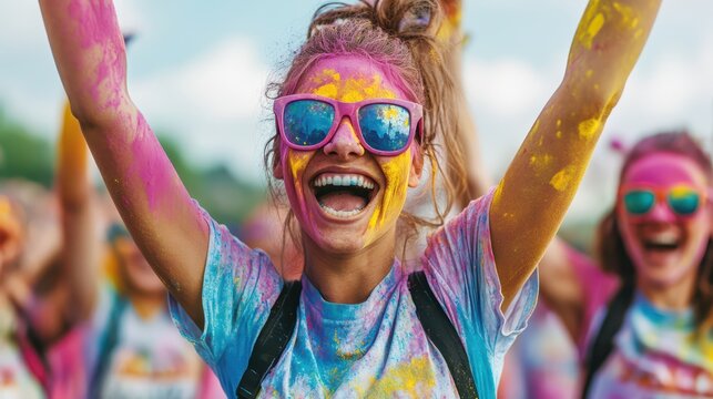 Color Run Event with Participants Covered in Colorful Powder, Smiling and Raising Their Arms in Excitement
