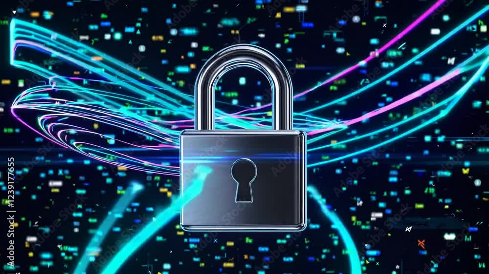 Poster digital lock icon in front of colorful data background visuals