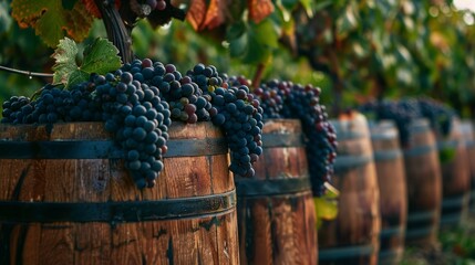 Grapes in barrels on vineyard background. Ideal for wine companies, wine adverts and articles about viticulture.