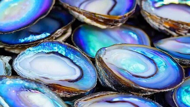 Vibrant iridescent shells display mesmerizing blue and purple hues in closeup sequence