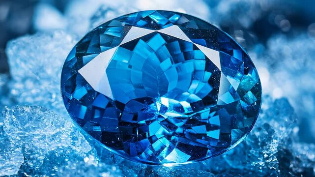 Close up view of three vibrant blue topaz gemstones resting on a bed of crushed ice. The stones exhibit brilliant facets and intense color