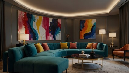 Modern living room with bright abstract artwork above teal sectional sofa with multi-colored cushions

