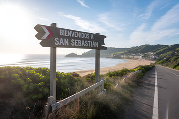 Fototapeta premium Bienvenidos a San Sebastián – Wooden Road Sign, Spain