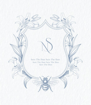 Wedding monogram with NS initials. Floral monogram crest design. Elegant wedding crest design.