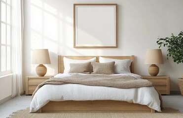 Serene Scandinavian Bedroom Interior with Cozy Wooden Bed and Soft Natural Lighting