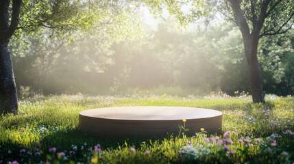 A wooden podium sits peacefully in a vibrant spring park, enveloped by tall grasses and colorful flowers.