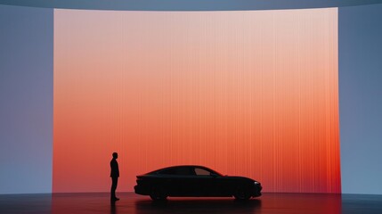 Eager anticipation builds as the audience awaits the exciting unveiling moment of a new luxury automobile against a vibrant backdrop.