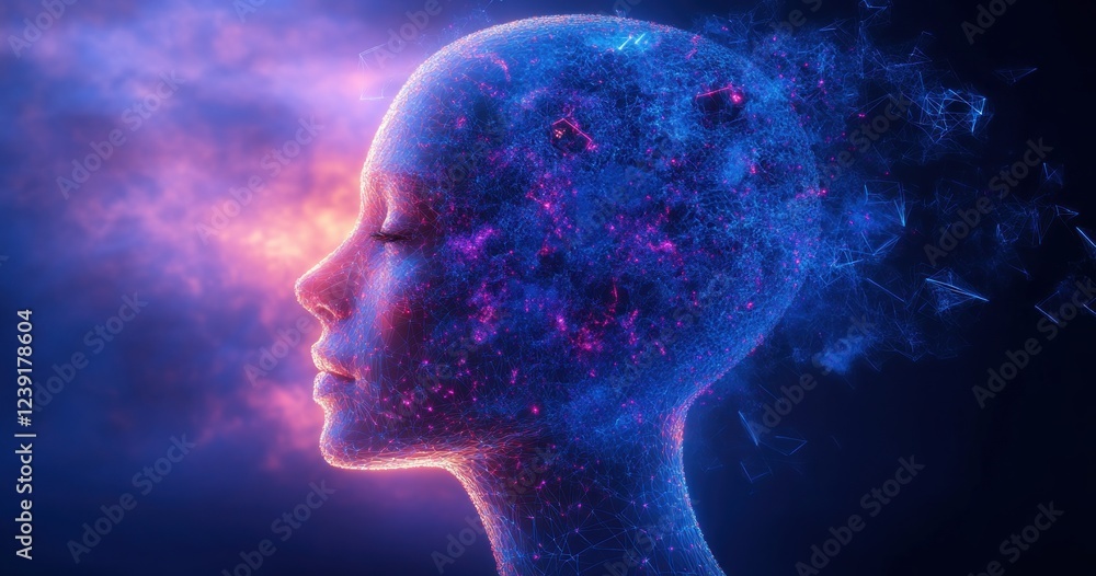 Poster artificial intelligence digital transformation futuristic human head disintegration geometry
