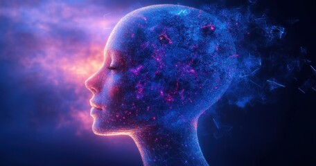 Obraz premium Artificial Intelligence Digital Transformation Futuristic Human Head Disintegration Geometry