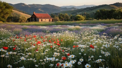 Obraz premium Rural countryside cabin amidst colorful wildflower meadow at sunset