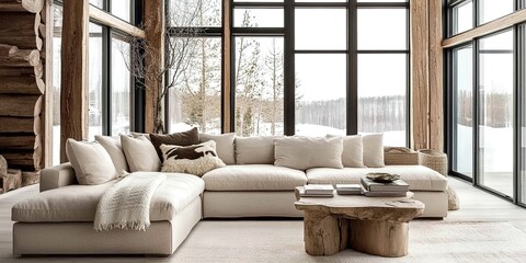 Obraz premium Modern rustic living room with a large window, a beige sofa, and wooden accents, with snow outside the windows.