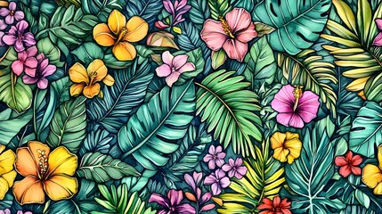 Vibrant Tropical Flowers and Lush Green Leaves Pattern