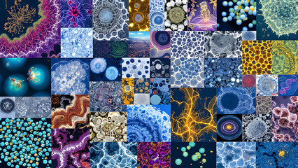 A collage of various microscopic images representing biological details and structures in vibrant colors.
