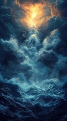 Dramatic ocean waves merging with stormy clouds under golden light