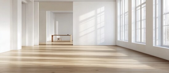 Sunlight Illuminates Minimalist Interior Design:  A Spacious, Bright Room with Wooden Floors and Large Windows
