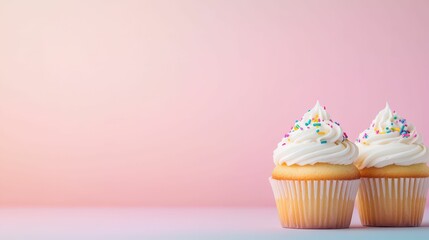 Cupcakes decorated with rainbow sprinkles and frosting swirls, placed on a pastel background,