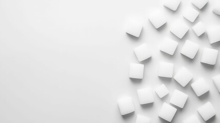 Minimalistic arrangement of white sugar cubes on a soft white background, clean lines and light tones