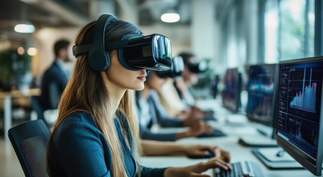 A group of professionals utilizes virtual reality technology for training in a contemporary office environment during the workday
