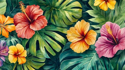 Vibrant Watercolor Hibiscus Flowers and Tropical Leaves
