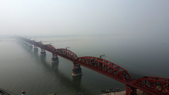Hardinge Bridge is a Steel Railway Old Bridge over the Padma River in Ishwardi, Pabna, Bangladesh.Hardnge bridge in Foggy Winter morning.