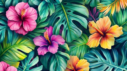 Vibrant Hibiscus Flowers Amid Lush Tropical Foliage