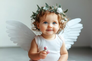 Fototapeta premium The lovable Cupid Kid, carrying a bow and arrow, showcases love's allure and naivety through a pink flower