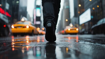 Fototapeta premium A Person Walking Down a Bustling City Street on a Rainy Day with Reflections on Wet Pavement